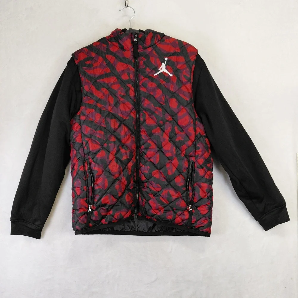 Jordan Boys Red Black Camo Hybrid Quilted Hoodie Jacket Large 12-13 Years